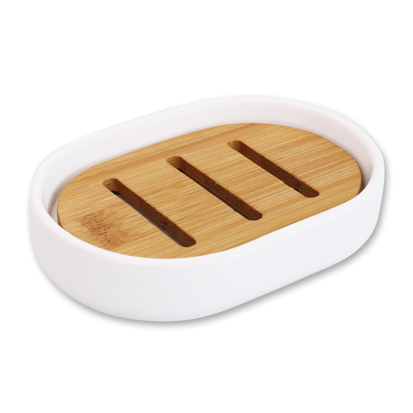 Seifenschale Porzellan oval mit Holz-Einsatz