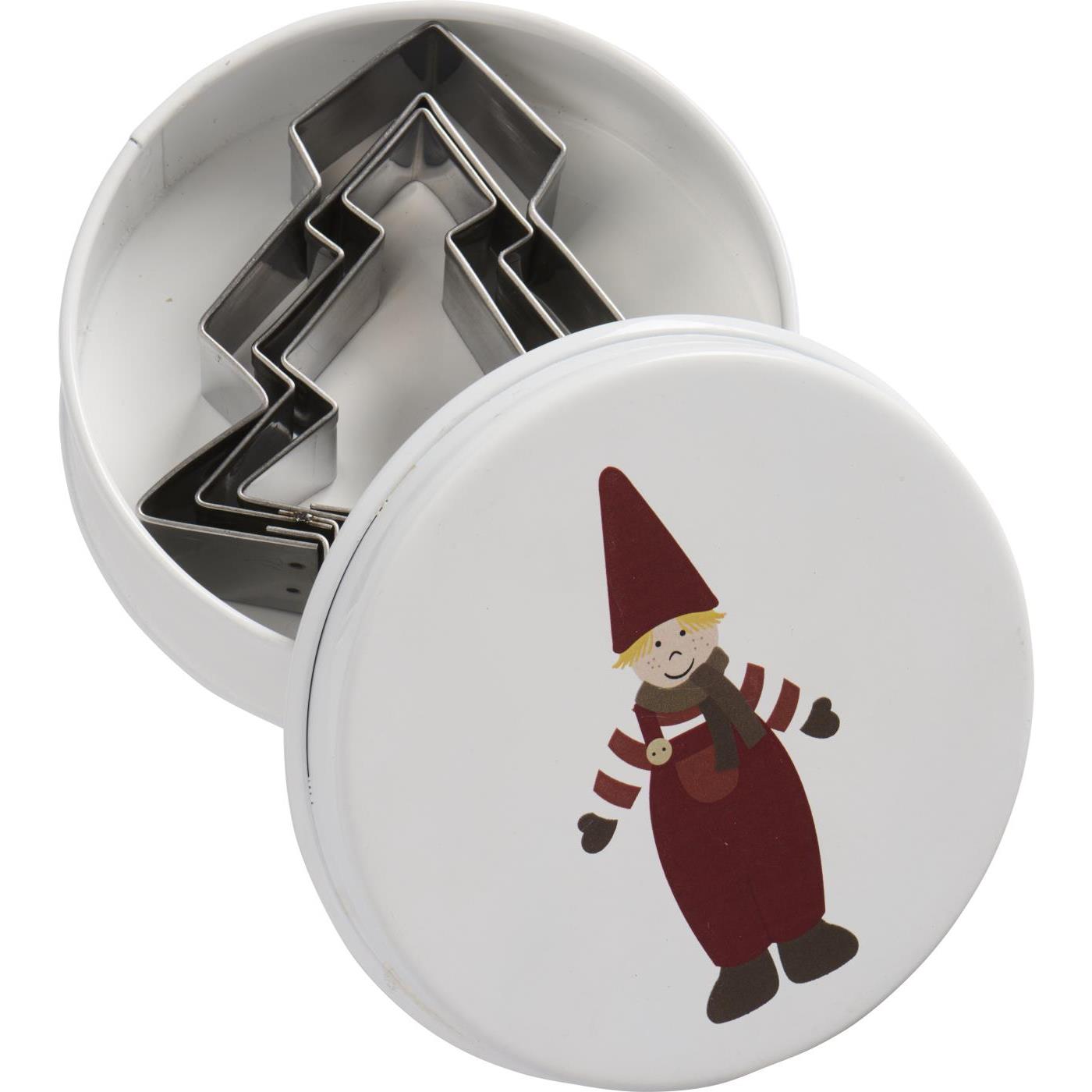 Dose mit Tannenbaum-Keksausstechern Wichtelmännchen auf Deckel