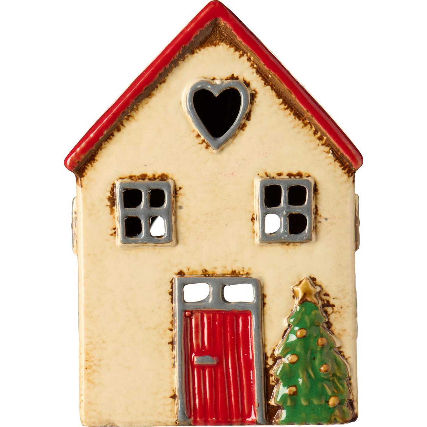 Haus Teelicht Stillenat rotes Dach und Tannenbaum vor dem Haus