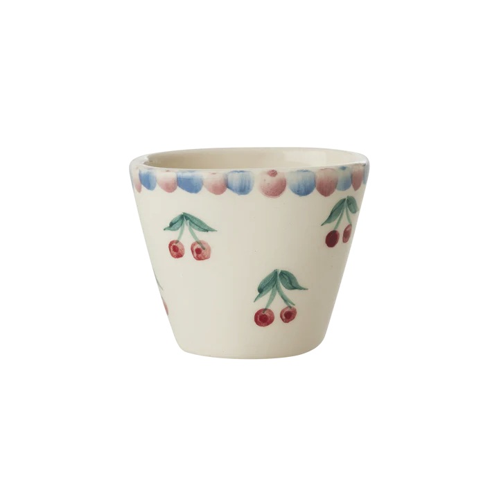 Keramik Espressobecher klein oval - Crème - Hand-painted Cherries