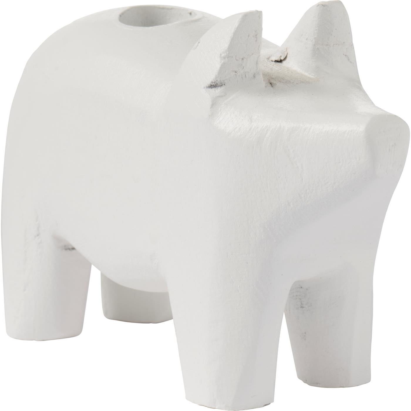 Kerzenhalter 1,3 cm Kerze Schwein UNIKA weiß Holz Metalleinsatz