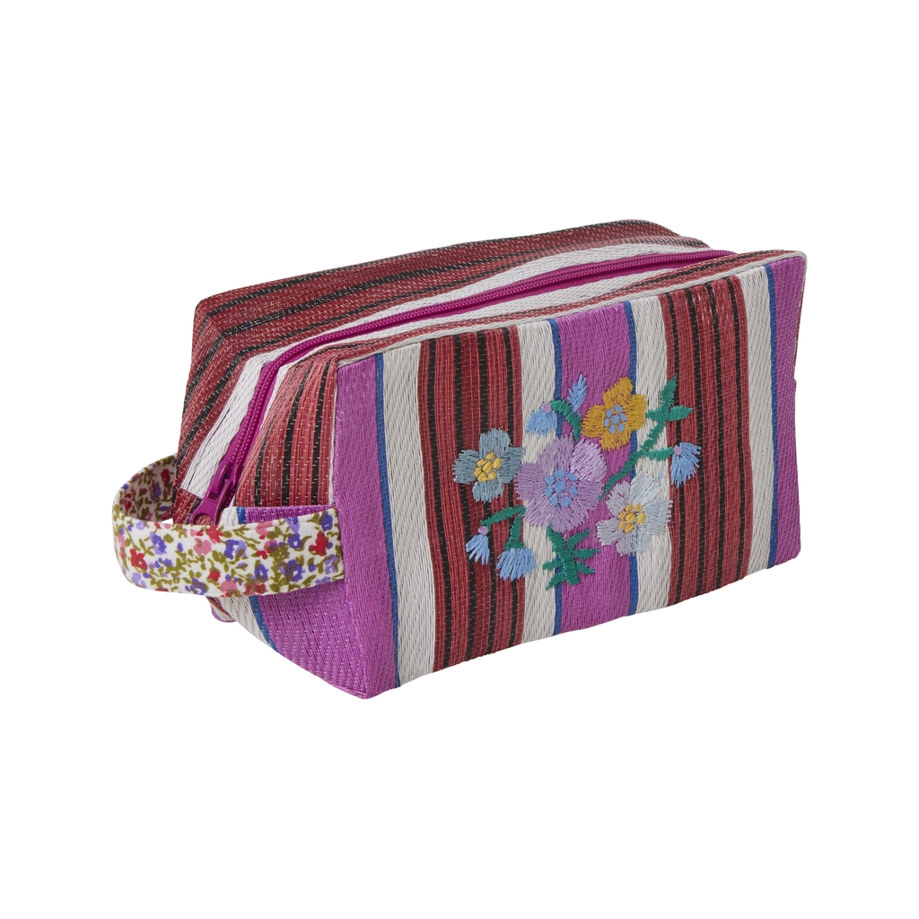 Recycled Plastic Pouch Bag Streifen mit gestickter Blume