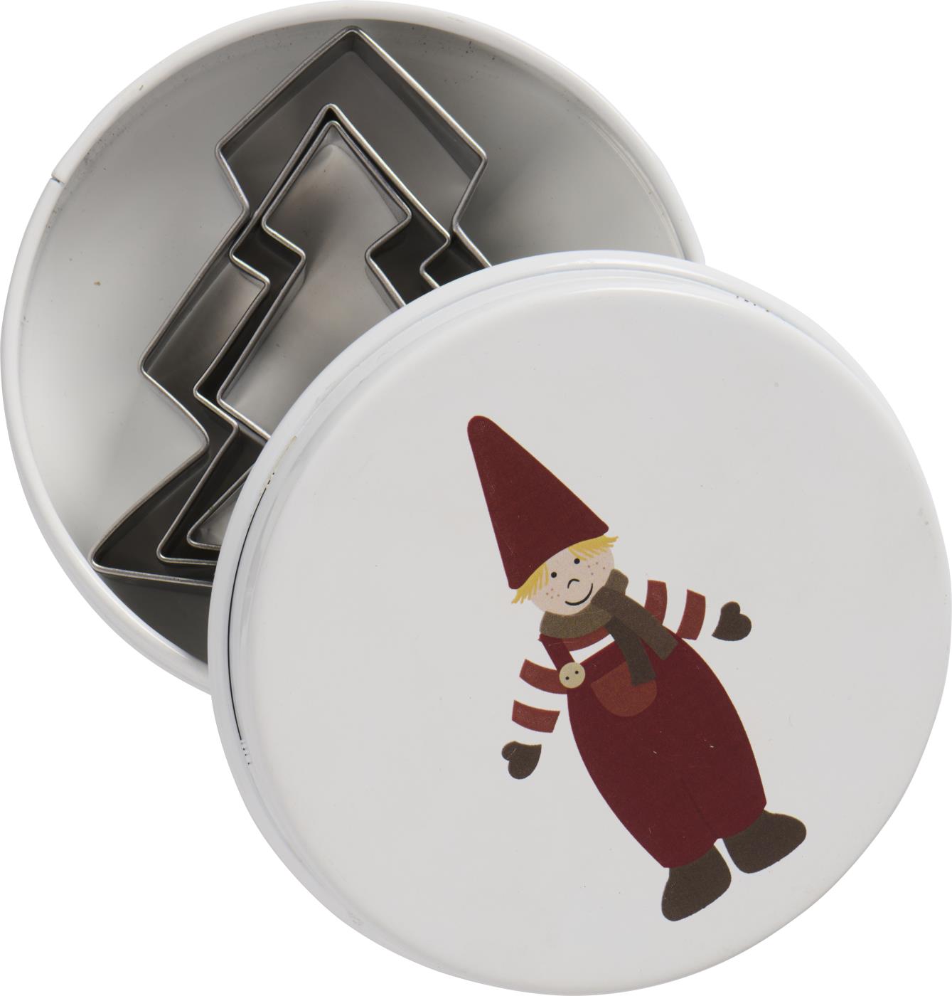 Dose mit Tannenbaum-Keksausstechern Wichtelmännchen auf Deckel
