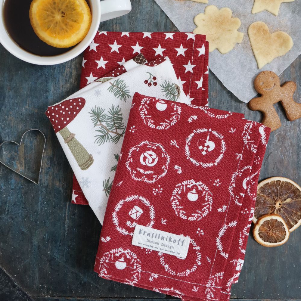Tea Towel, Spruce And Mushrooms, Red