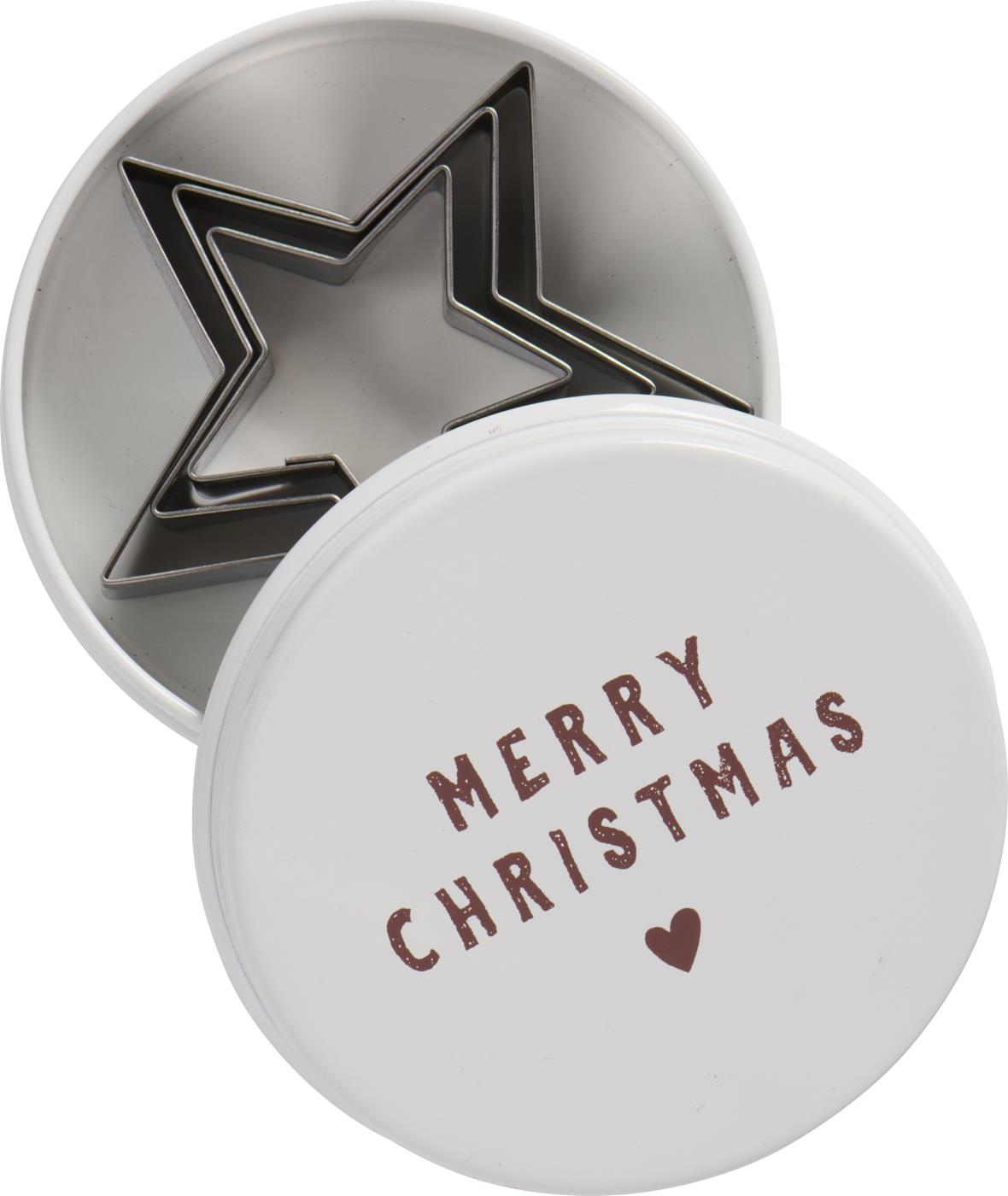 Dose mit 3 Stern-Keksausstechern Merry Christmas auf Deckel