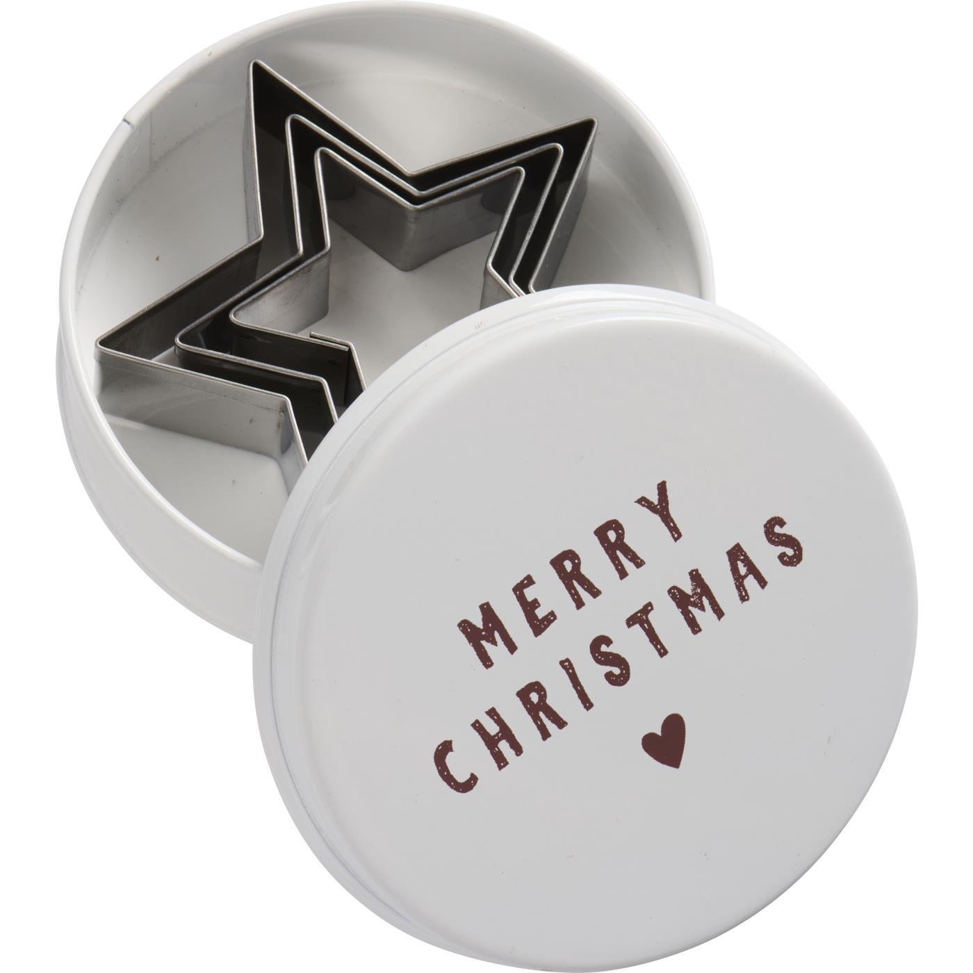 Dose mit 3 Stern-Keksausstechern Merry Christmas auf Deckel