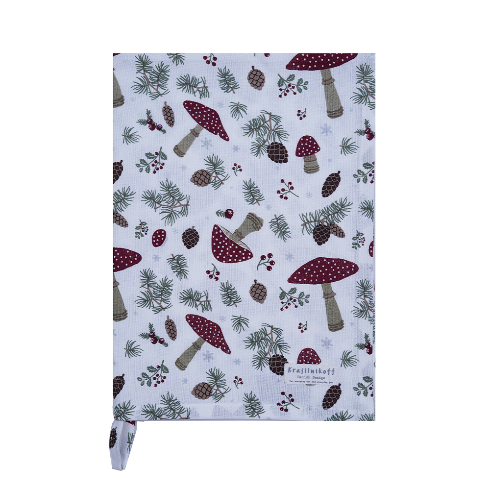 Tea Towel, Spruce And Mushrooms, Red